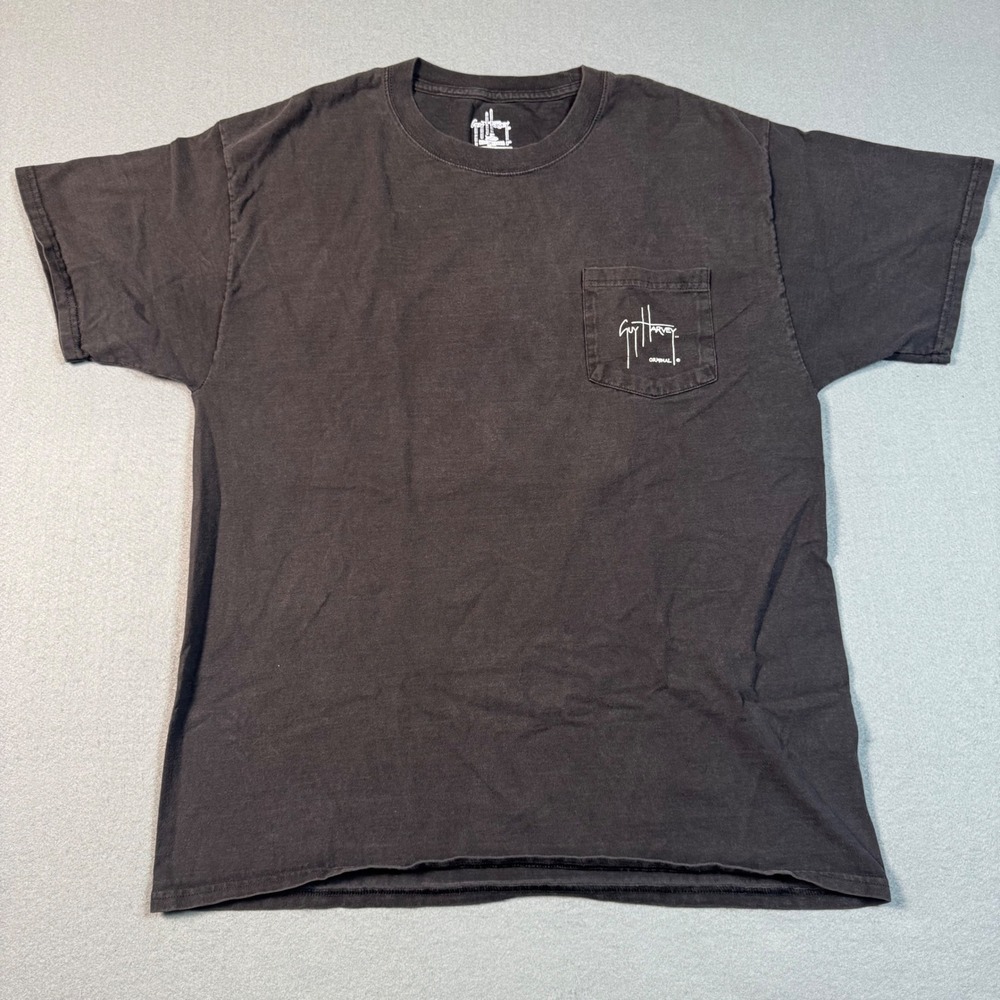 Guy Harvey Mens Pocket T-Shirt Charcoal Pirate Skull Shark Graphic Tee‎ XL